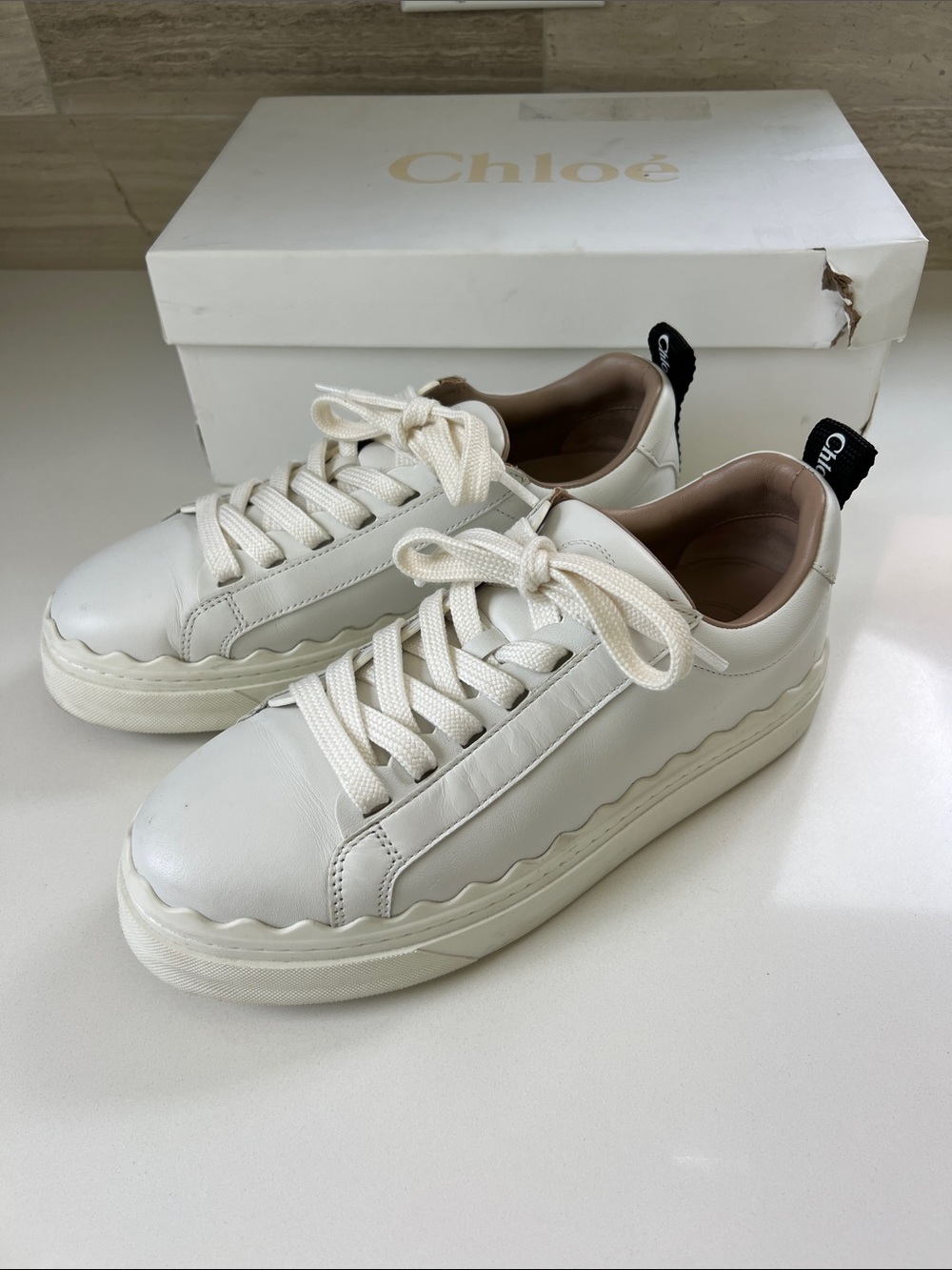 Chloe lauren scalloped white leather low top lace up sneakers size 38 western